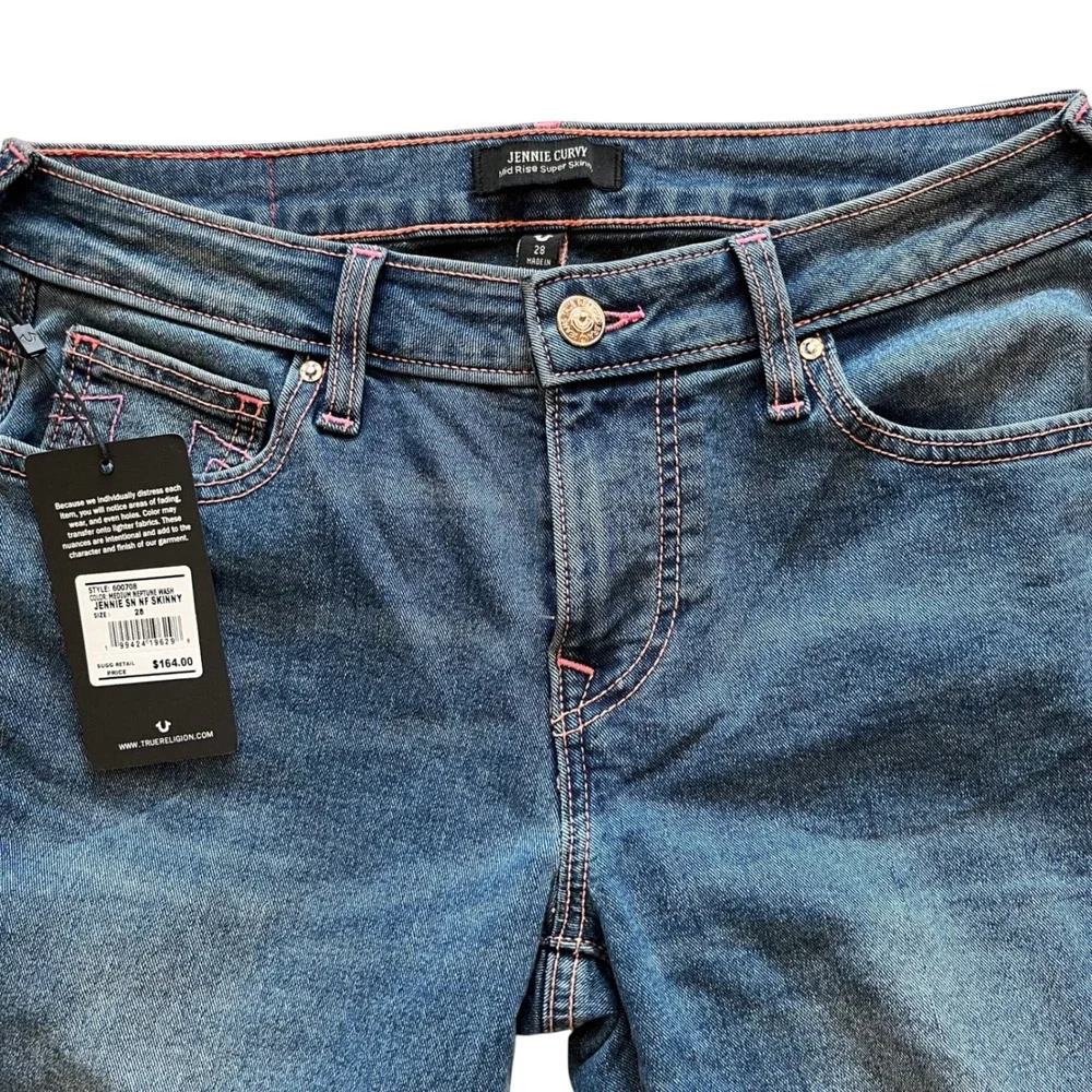 True Religion Jennie Curvy Super Skinny Jeans Pink Stitch Neptune Wash 500708 28